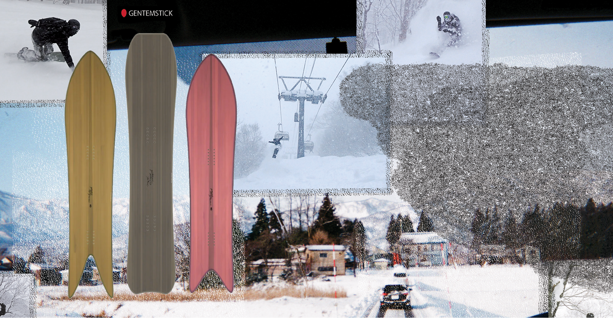 Collage of snowboards with a snowy mountain and ski lift background